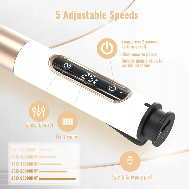 DENABUTY Elektrische Nagelvijl Snoerloos 12-in-1 25000RPM USB — foto 4