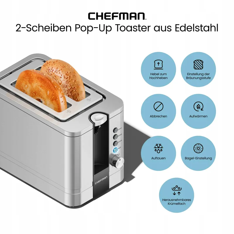 CHEFMAN RVS Broodrooster 2 Sleuven 7 Standen Extra Breed Bagel — foto 2
