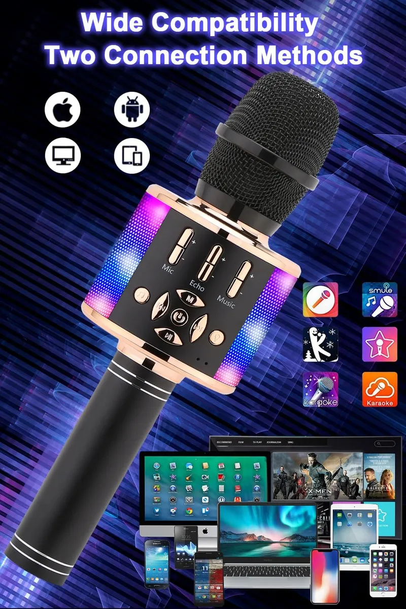 BONAOK Draadloze Karaoke Microfoon Kinderen Bluetooth 4-in-1 Zwart Goud — foto 3
