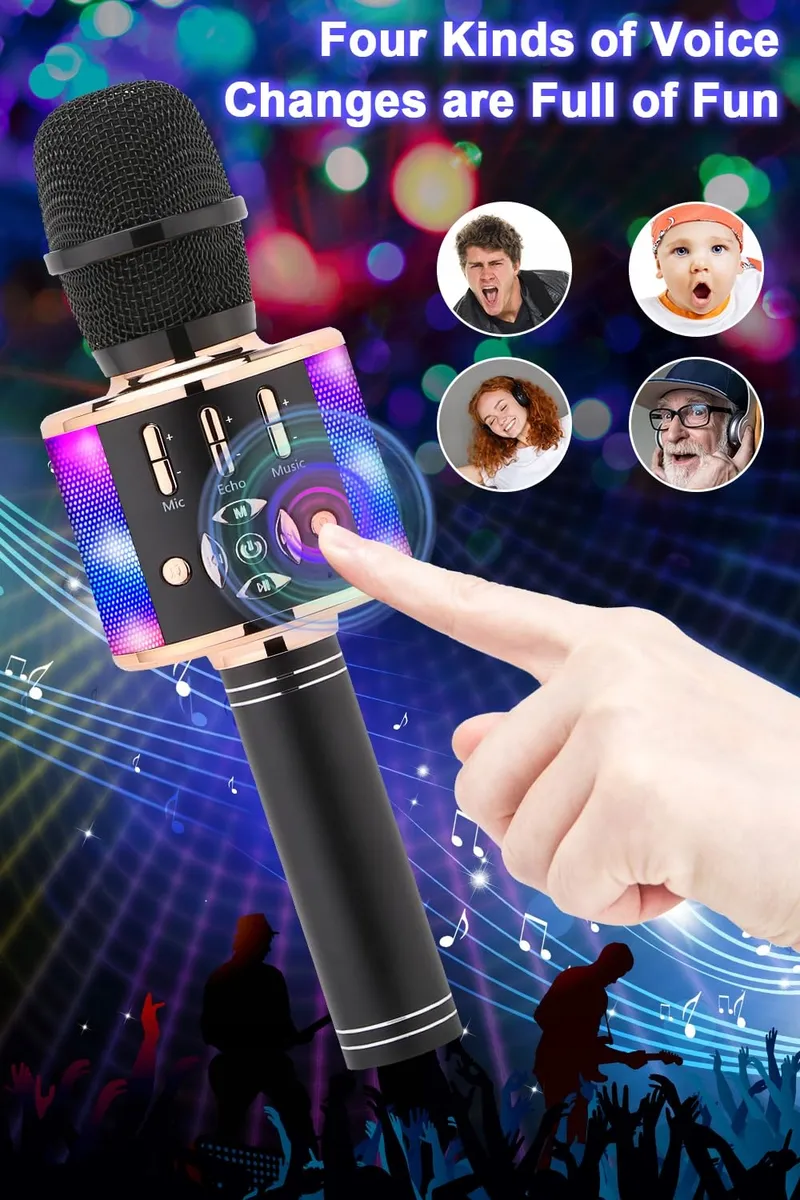 BONAOK Draadloze Karaoke Microfoon Kinderen Bluetooth 4-in-1 Zwart Goud — foto 4