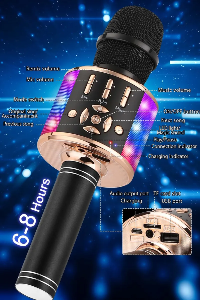 BONAOK Draadloze Karaoke Microfoon Kinderen Bluetooth 4-in-1 Zwart Goud — foto 6