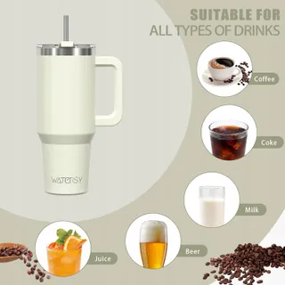 WATERSY Thermosbeker 891ml RVS Met Handvat Rietje Beige — miniatuur 8