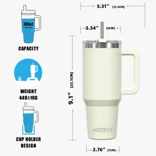 WATERSY Thermosbeker 891ml RVS Met Handvat Rietje Beige — miniatuur 6