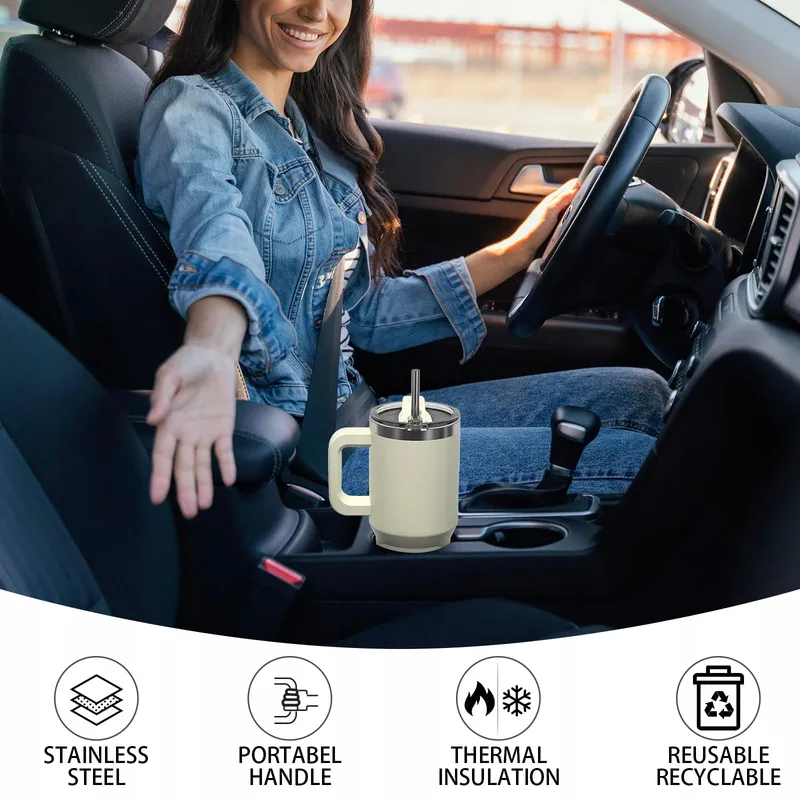 WATERSY Thermosbeker 891ml RVS Met Handvat Rietje Beige — foto 9