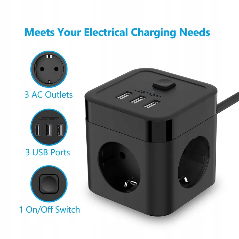 JSVER Stekkerdoos Cube USB 6-in-1 Met Schakelaar — foto 2