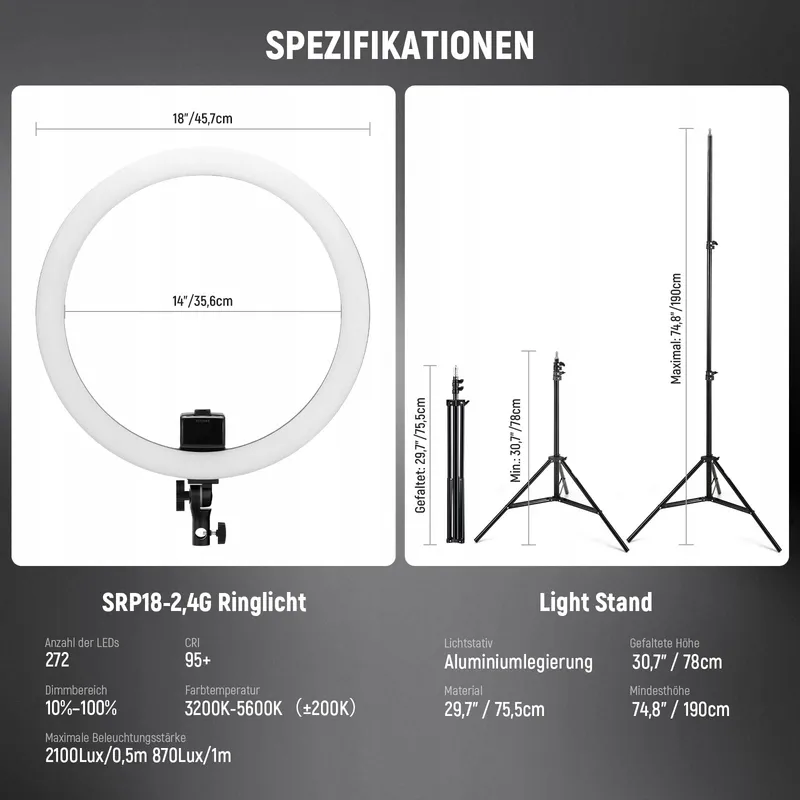 NEEWER LED Ringlicht 18 Inch met Telefoonhouder en Statief — foto 7