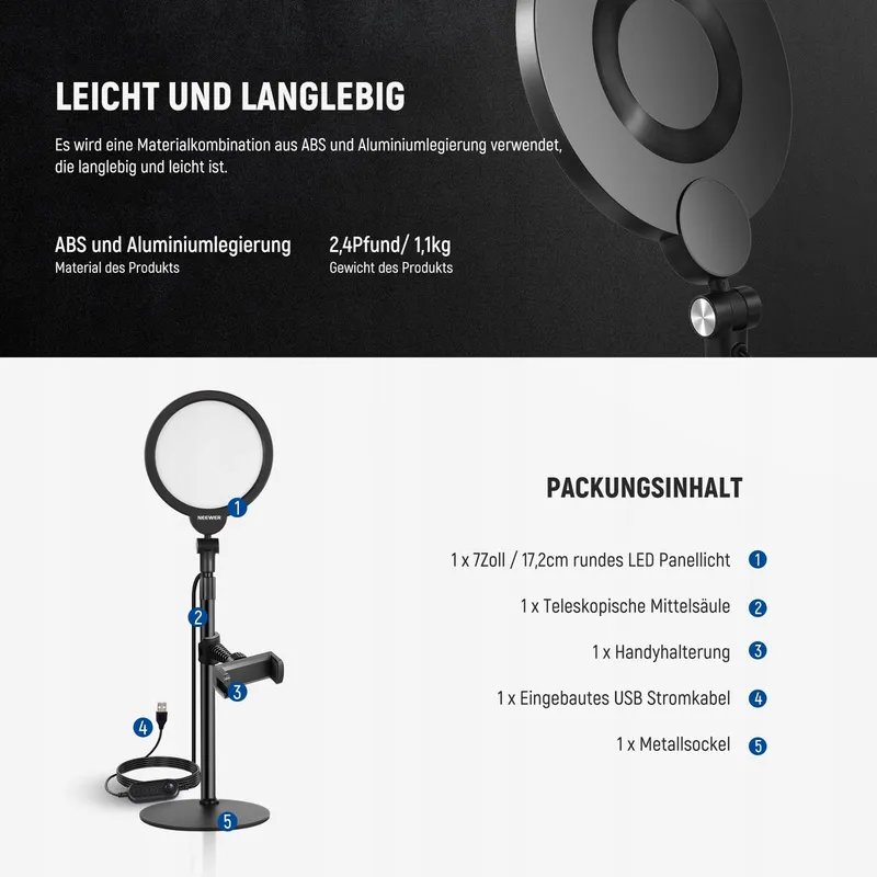 NEEWER Basics Selfie Ringlicht Set 7 Inch 10W 3000K-6500K — foto 8