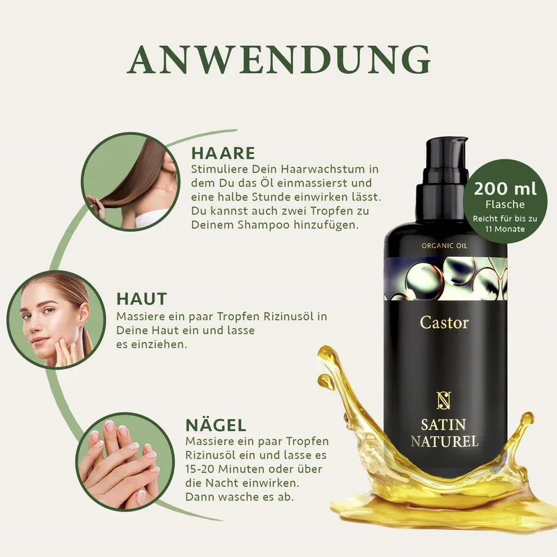 SATIN NATUREL Bio Castorolie Koudgeperst Wimpers Haar Huid 200ml — foto 7