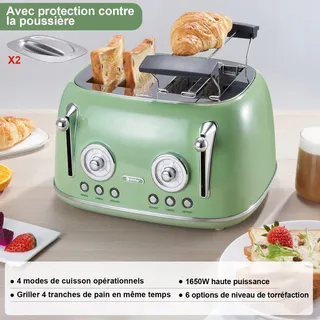 WILTAL Broodrooster 4 Sneden Lange Sleuf RVS Deksel Retro Groen — miniatuur 2