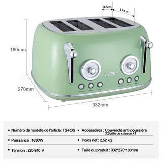 WILTAL Broodrooster 4 Sneden Lange Sleuf RVS Deksel Retro Groen — miniatuur 7