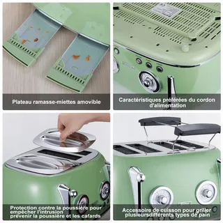 WILTAL Broodrooster 4 Sneden Lange Sleuf RVS Deksel Retro Groen — miniatuur 5