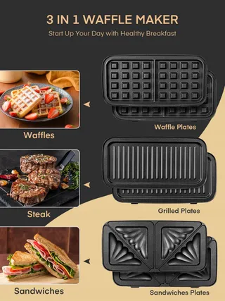 FOHERE Sandwichmaker 1200W Wafelijzer Grill 3-in-1 Antiaanbaklaag — miniatuur 4