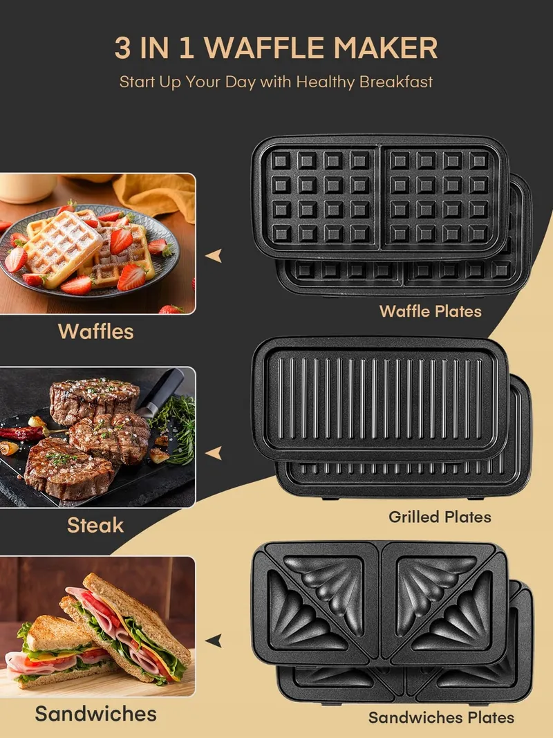 FOHERE Sandwichmaker 1200W Wafelijzer Grill 3-in-1 Antiaanbaklaag — foto 4