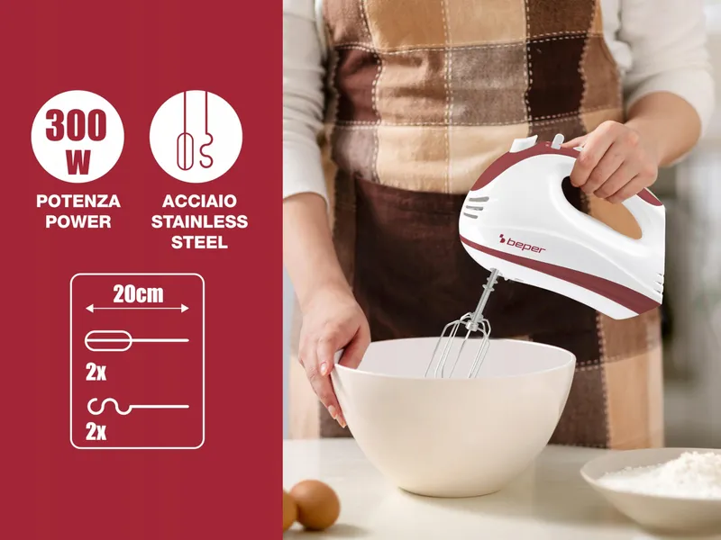 BEPER P102SBA101 Handmixer 300W 5 Snelheden Turbo Wit Rood — foto 2