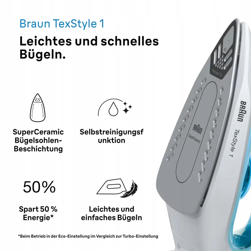 BRAUN TexStyle 1 SI1050BL Stoomstrijkijzer SuperCeramic 2000W Blauw — foto 2