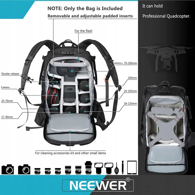 NEEWER Waterdichte Camerarugzak Cijferslot Drones DSLR — foto 4