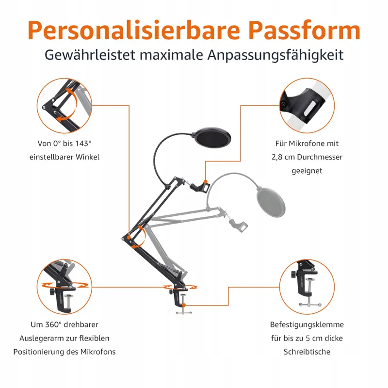 AMAZON BASICS Microfoonarm Tafel Popfilter 360° Zwart — foto 2
