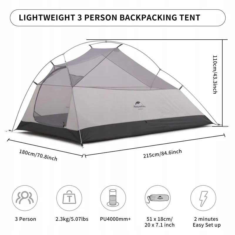 NATUREHIKE Cloud-Up 3 Ultralicht Tent 3-persoons 20D Blauw — foto 2