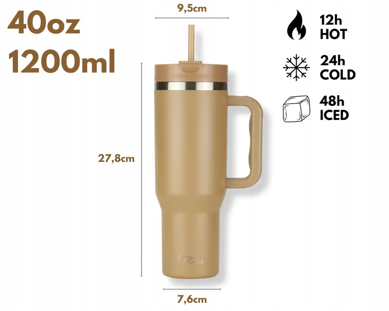 MILU Thermobeker 1200ml Rietje Handvat RVS 40oz Bruin — foto 2