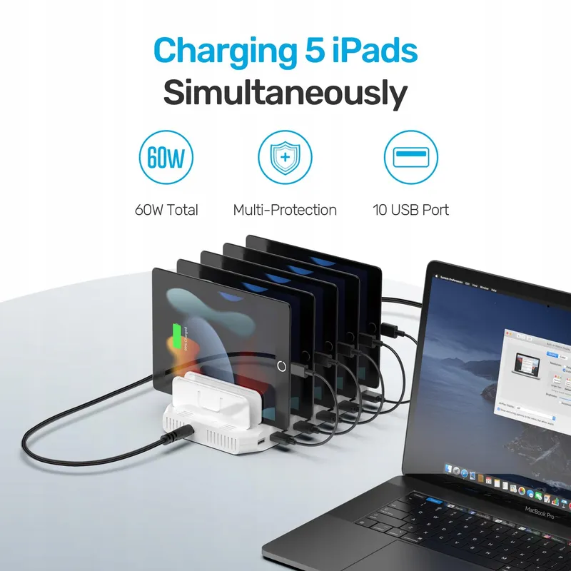 UNITEK 60W Oplaadstation 10-Poorts SmartIC USB Tablets — foto 8