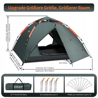 CFLITY Pop-Up Tent 3 Personen Waterdicht 4 Seizoenen 2 Veranda's — miniatuur 6