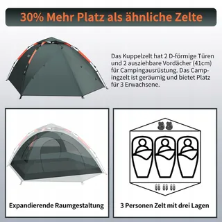 CFLITY Pop-Up Tent 3 Personen Waterdicht 4 Seizoenen 2 Veranda's — miniatuur 3
