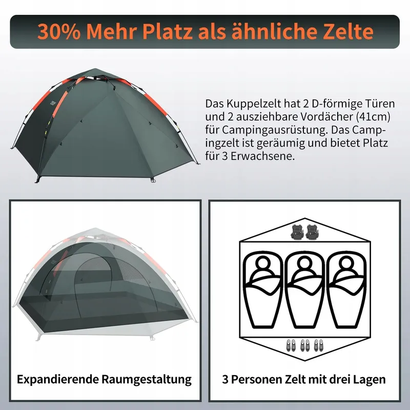 CFLITY Pop-Up Tent 3 Personen Waterdicht 4 Seizoenen 2 Veranda's — foto 3