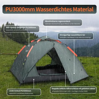 CFLITY Pop-Up Tent 3 Personen Waterdicht 4 Seizoenen 2 Veranda's — miniatuur 2