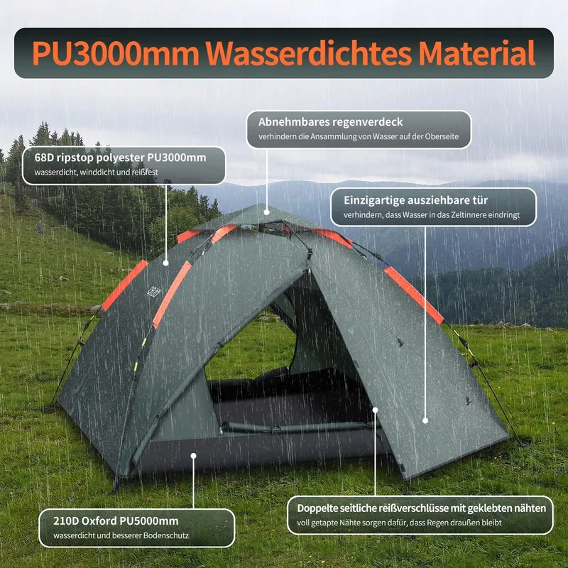 CFLITY Pop-Up Tent 3 Personen Waterdicht 4 Seizoenen 2 Veranda's — foto 2