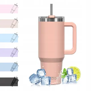 WATERSY Thermosbeker 1182ml RVS Dubbelwandig Handvat Rietje Rozenkwarts — miniatuur 1