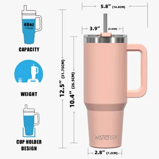 WATERSY Thermosbeker 1182ml RVS Dubbelwandig Handvat Rietje Rozenkwarts — miniatuur 9