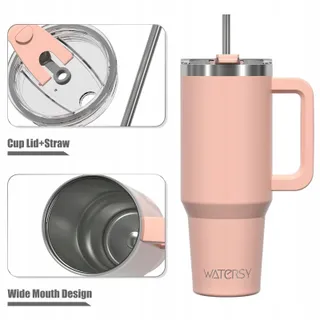 WATERSY Thermosbeker 1182ml RVS Dubbelwandig Handvat Rietje Rozenkwarts — miniatuur 2