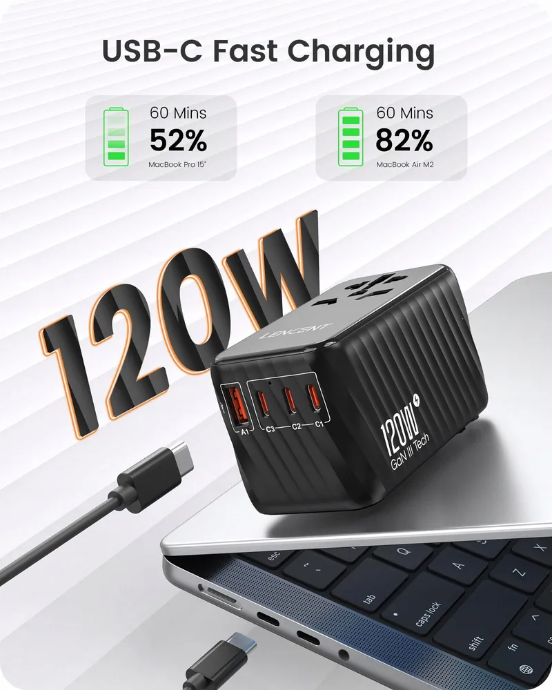LENCENT Reisadapter 120W GaN3 USB C PD3.0 QC EU USA UK AU — foto 2