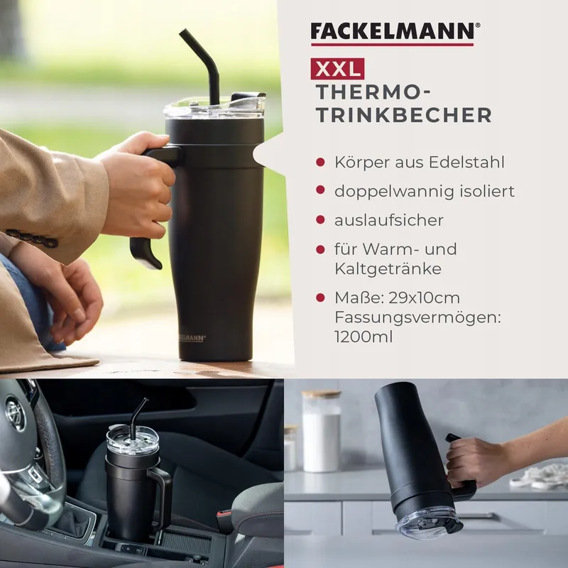 FACKELMANN Thermosbeker XXL 1,2L Zwart RVS Reisbeker — foto 3