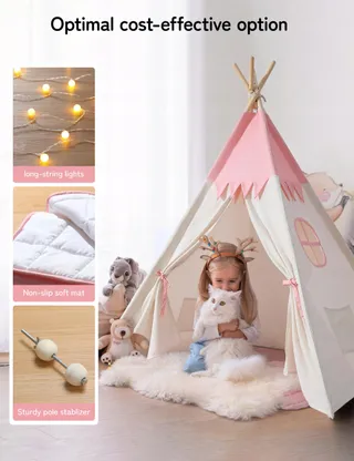 BESREY Tipi Tent voor Kinderen Roze Beige Kinderkamer — miniatuur 2