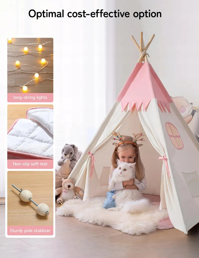 BESREY Tipi Tent voor Kinderen Roze Beige Kinderkamer — foto 2