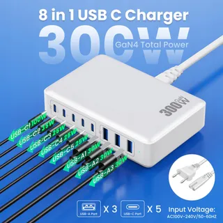 QODJN USB C Oplader 300W 8 Poorten Snelladen Laptop MacBook iPhone — miniatuur 2