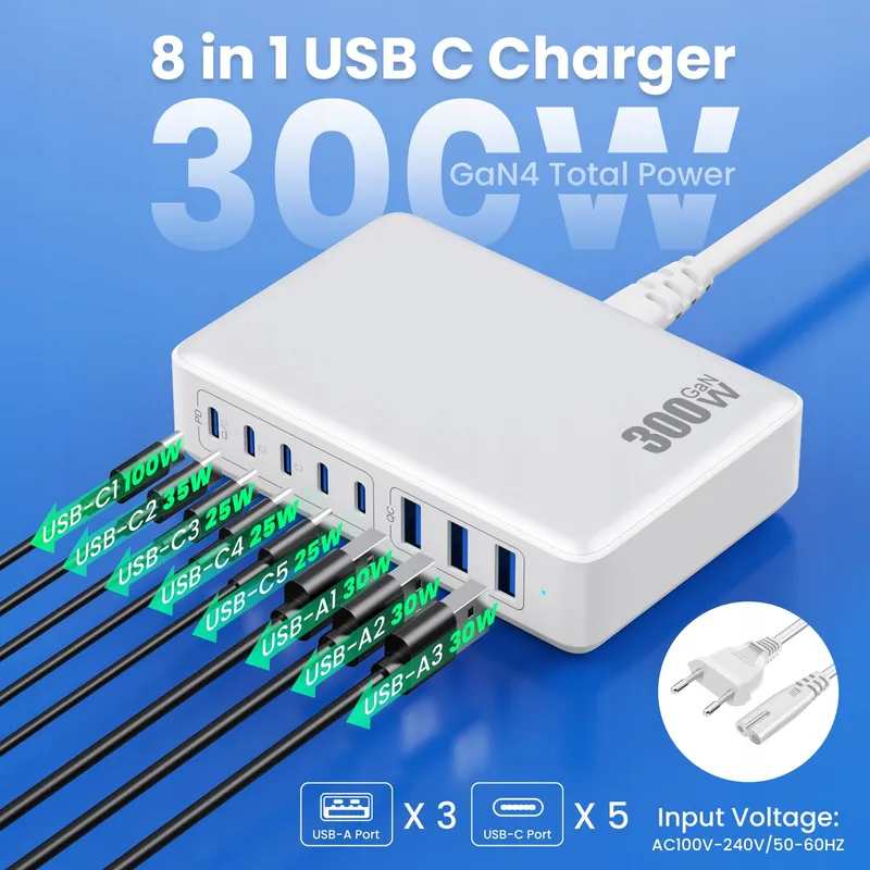 QODJN USB C Oplader 300W 8 Poorten Snelladen Laptop MacBook iPhone — foto 2