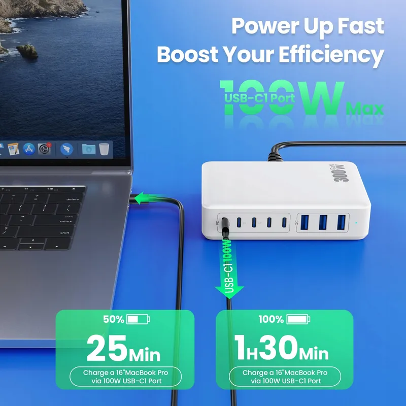 QODJN USB C Oplader 300W 8 Poorten Snelladen Laptop MacBook iPhone — foto 6
