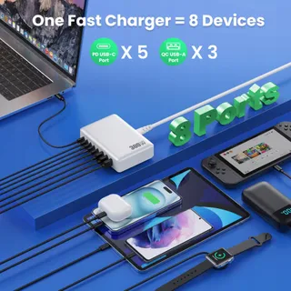 QODJN USB C Oplader 300W 8 Poorten Snelladen Laptop MacBook iPhone — miniatuur 3