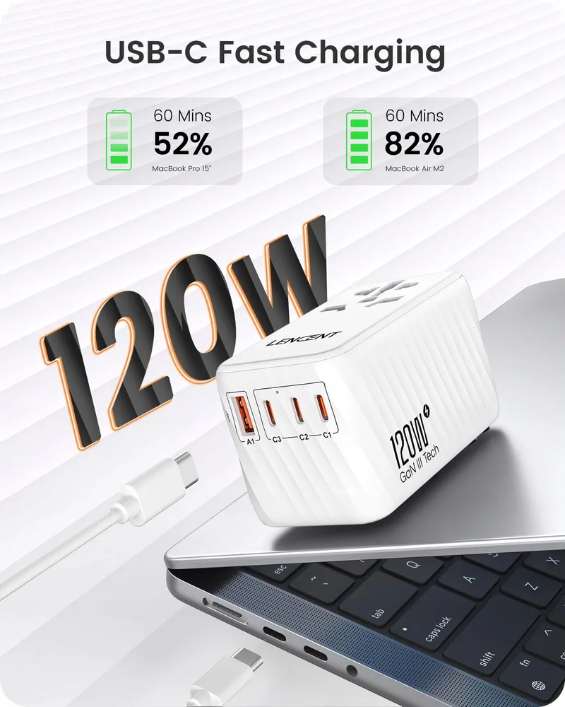 LENCENT Internationale Reisadapter 120W GaN3 3x PD3.0 — foto 2