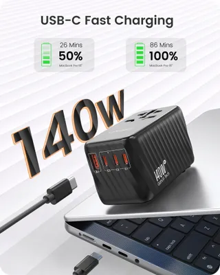 LENCENT Wereldwijde Reisadapter 140W GaN3 Universeel PD3.1 — miniatuur 2
