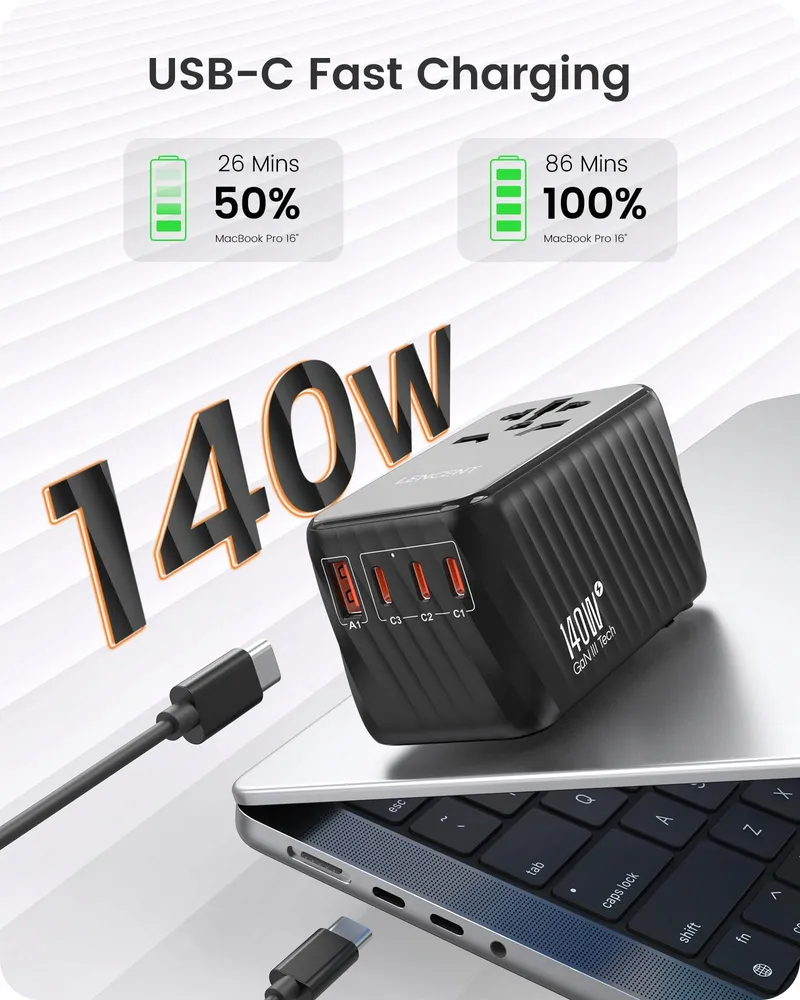 LENCENT Wereldwijde Reisadapter 140W GaN3 Universeel PD3.1 — foto 2