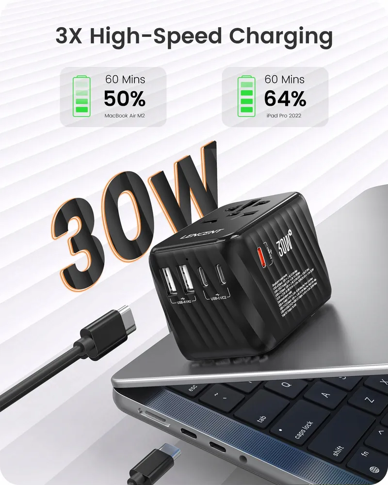LENCENT Reisadapter 30W USB C en A voor EU UK AU USA — foto 2