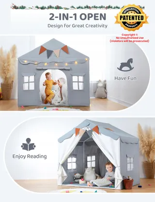 BESREY Kindertent 2-in-1 met Mat Grijs vanaf 3 Jaar — miniatuur 3