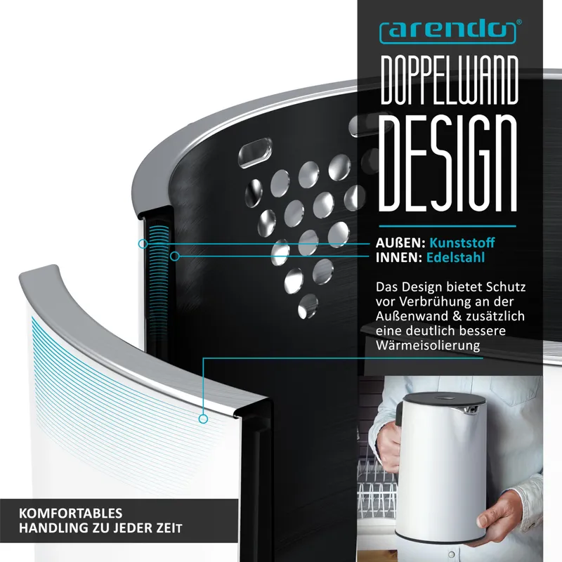 ARENDO Waterkoker 1,5L 2200W Wit Temp. 40-100°C — foto 6