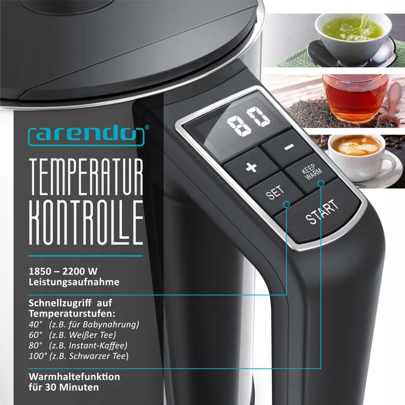 ARENDO Waterkoker 1,5L 2200W Wit Temp. 40-100°C — foto 5