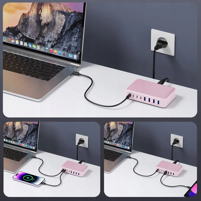 FEOB TECHPOWER USB C Oplader 200W GaN III 8-poorts Snellader Roze — foto 4
