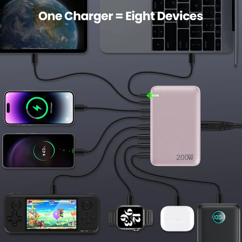 FEOB TECHPOWER USB C Oplader 200W GaN III 8-poorts Snellader Roze — foto 2
