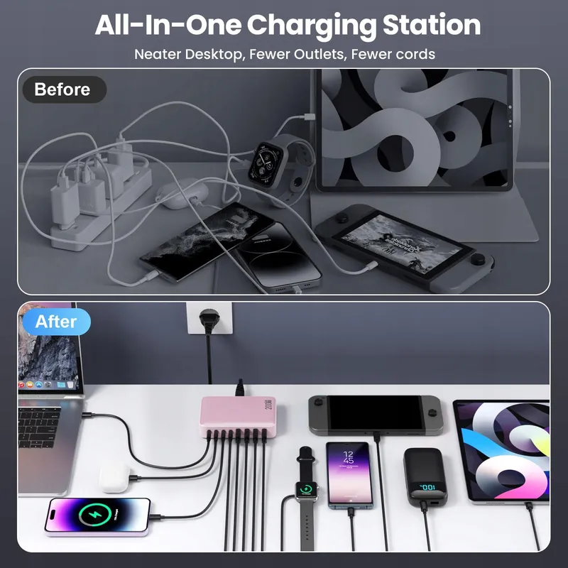 FEOB TECHPOWER USB C Oplader 200W GaN III 8-poorts Snellader Roze — foto 5